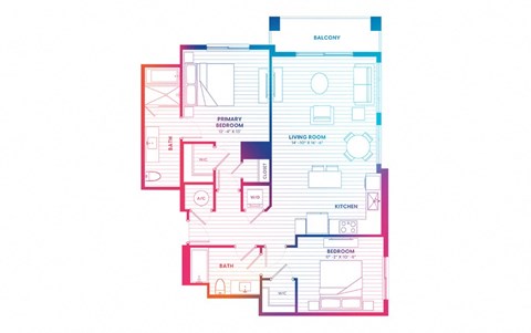 Floor plan for 2 beds, 2 baths, 1136 sqft